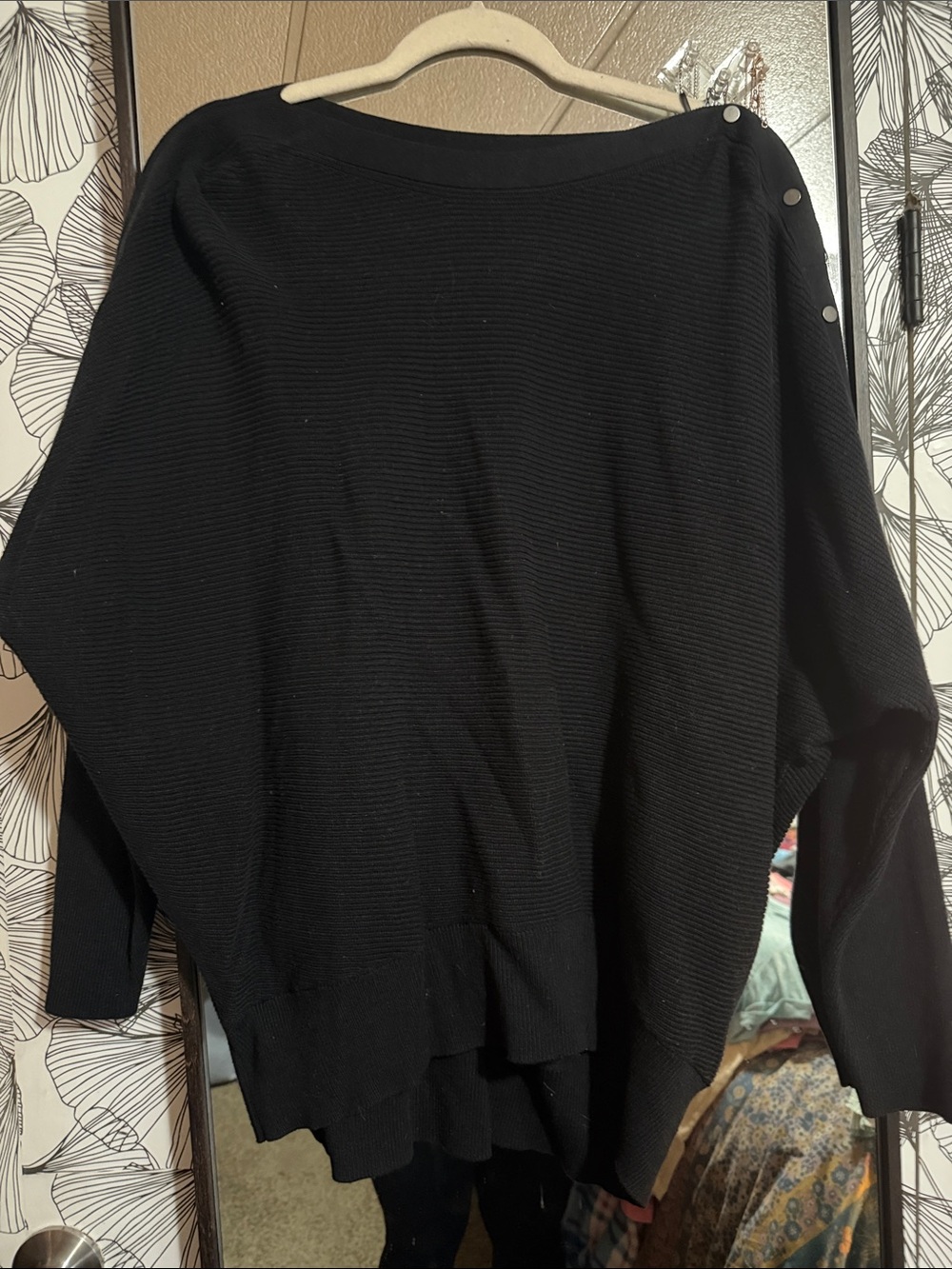 Simply Vera Vera Wang Black Off-Shoulder Ribbed Sweater with Shoulder Buttons